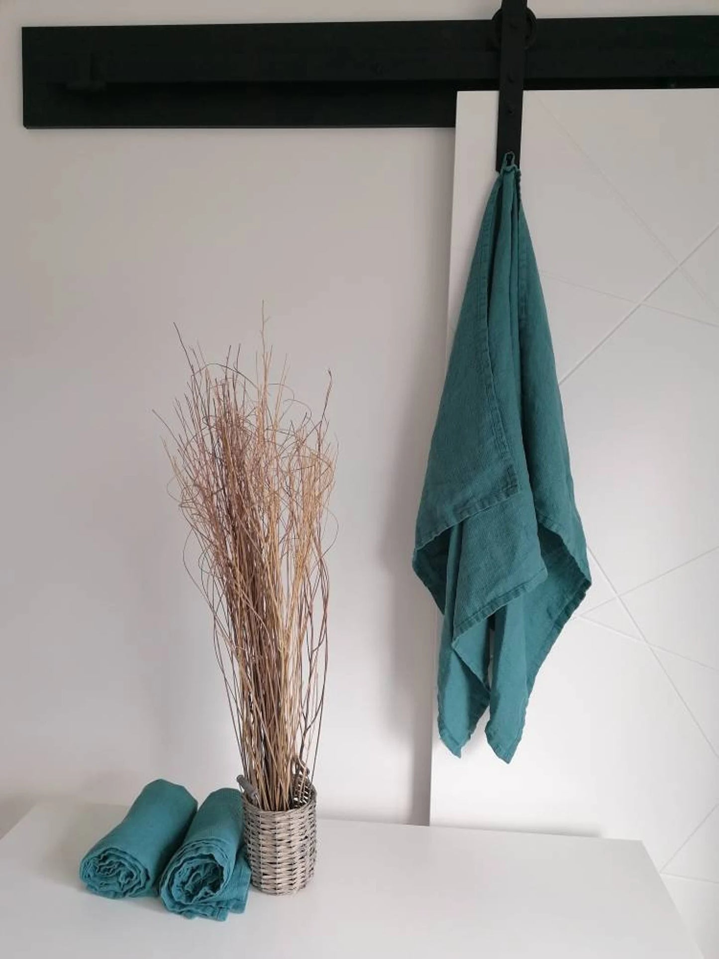 Linen soft waffle towel - Medium weight towel - Stonewashed Turquoise linen towels - Pure linen hand / face towel - Handmade linen towels