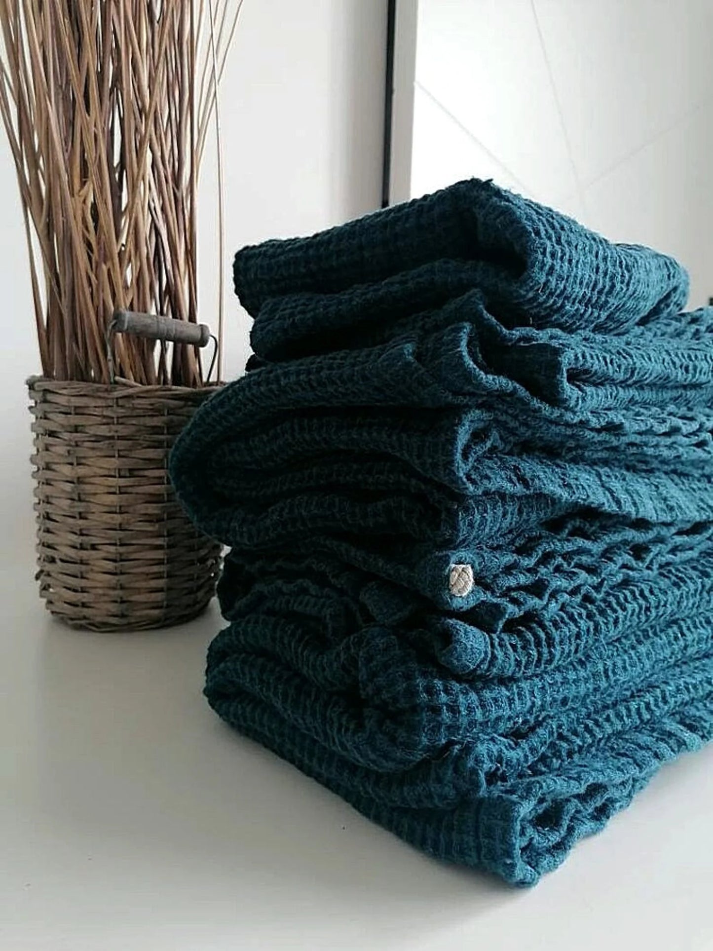 Linen WAFFLE Dark teal towel, Soft linen hand bath towels, Heavy weight waffle towel, waffle washcloth