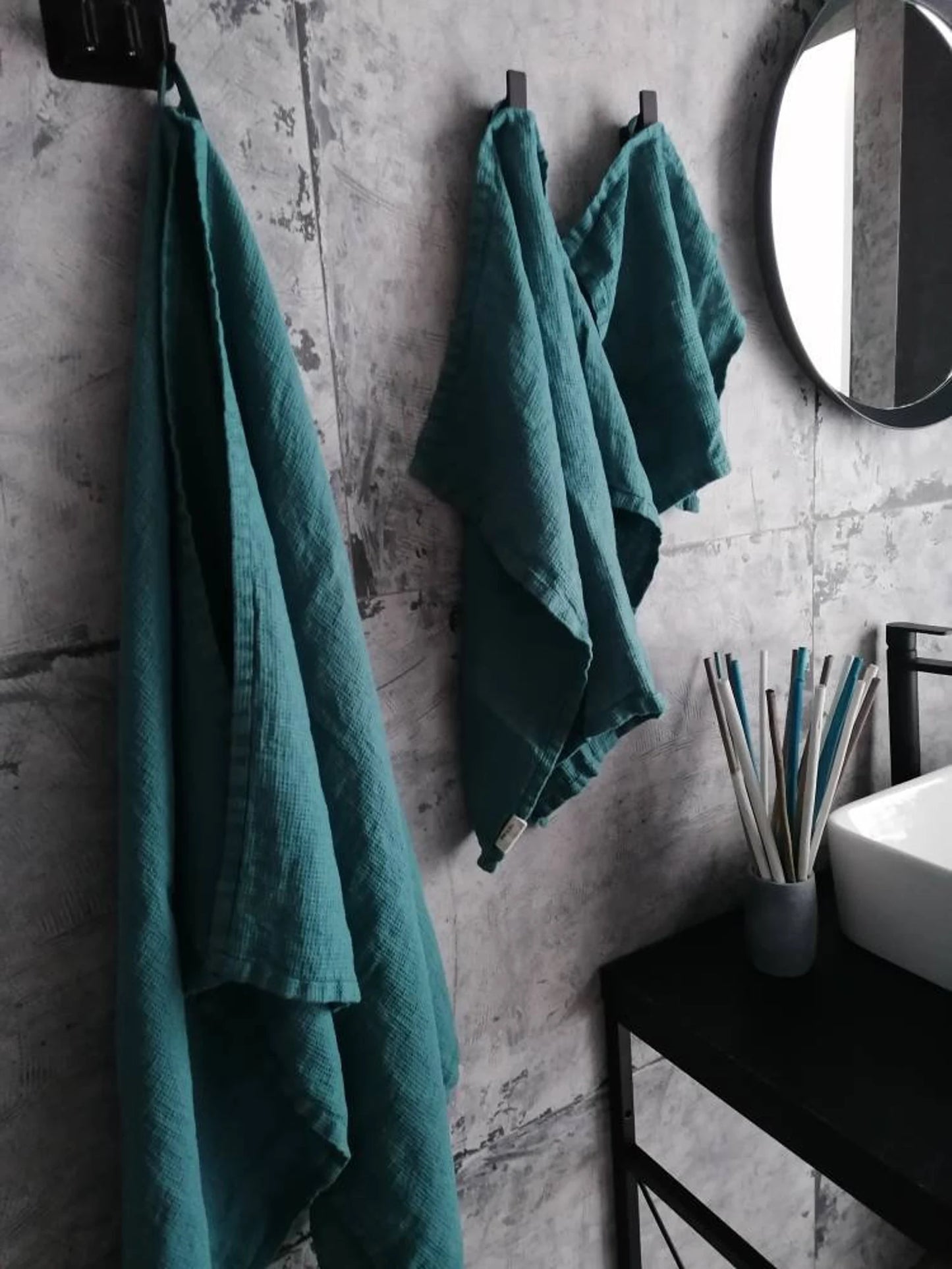 Linen soft waffle towel - Medium weight towel - Stonewashed Turquoise linen towels - Pure linen hand / face towel - Handmade linen towels