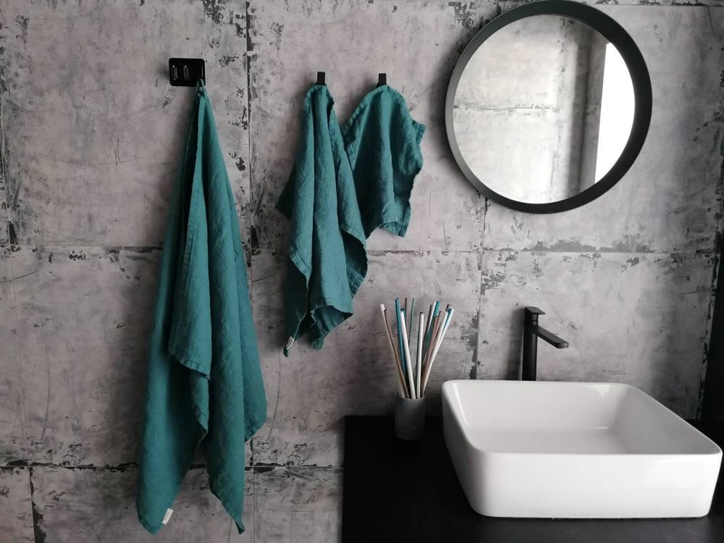 Linen soft waffle towel - Medium weight towel - Stonewashed Turquoise linen towels - Pure linen hand / face towel - Handmade linen towels